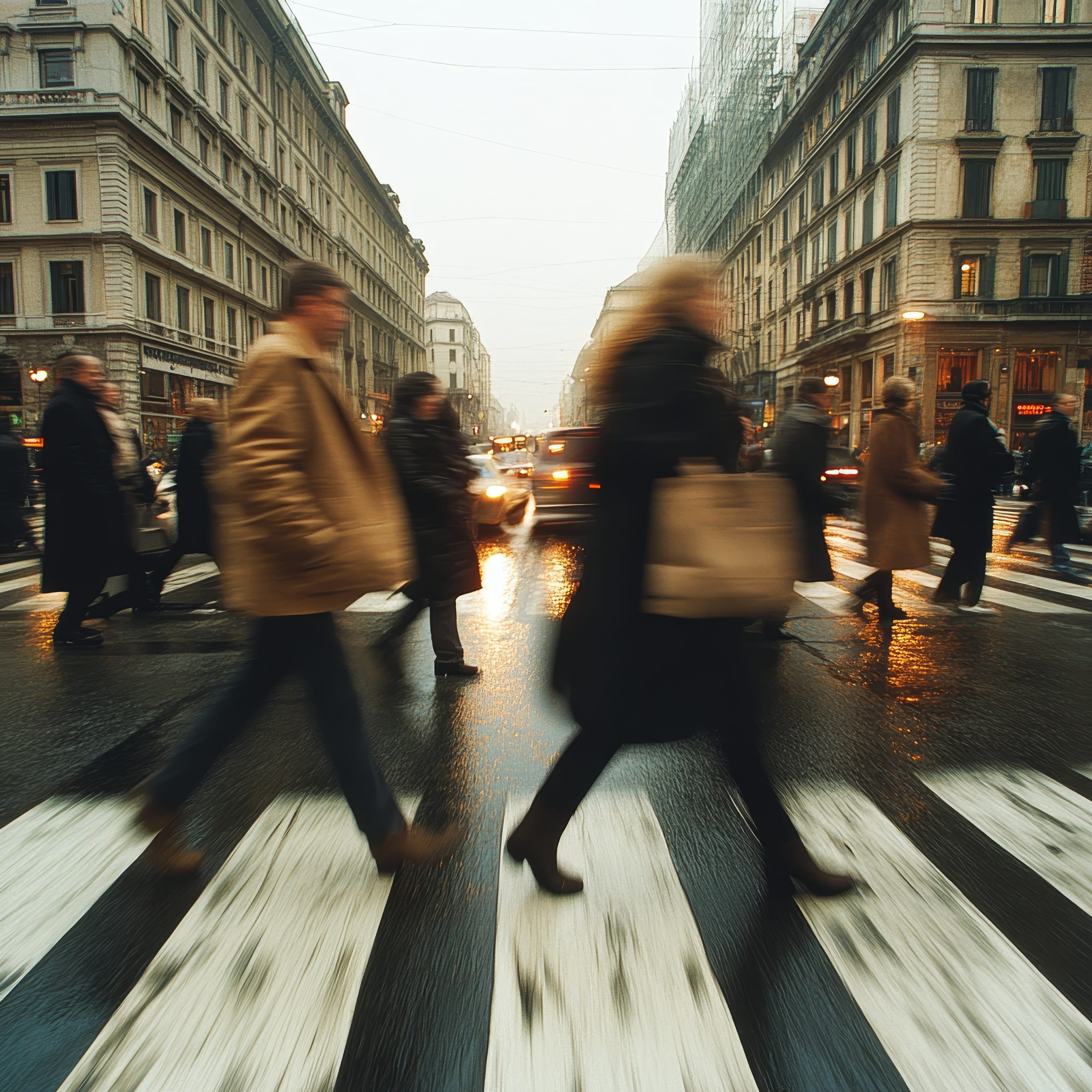Crowd of people crossing a busy street