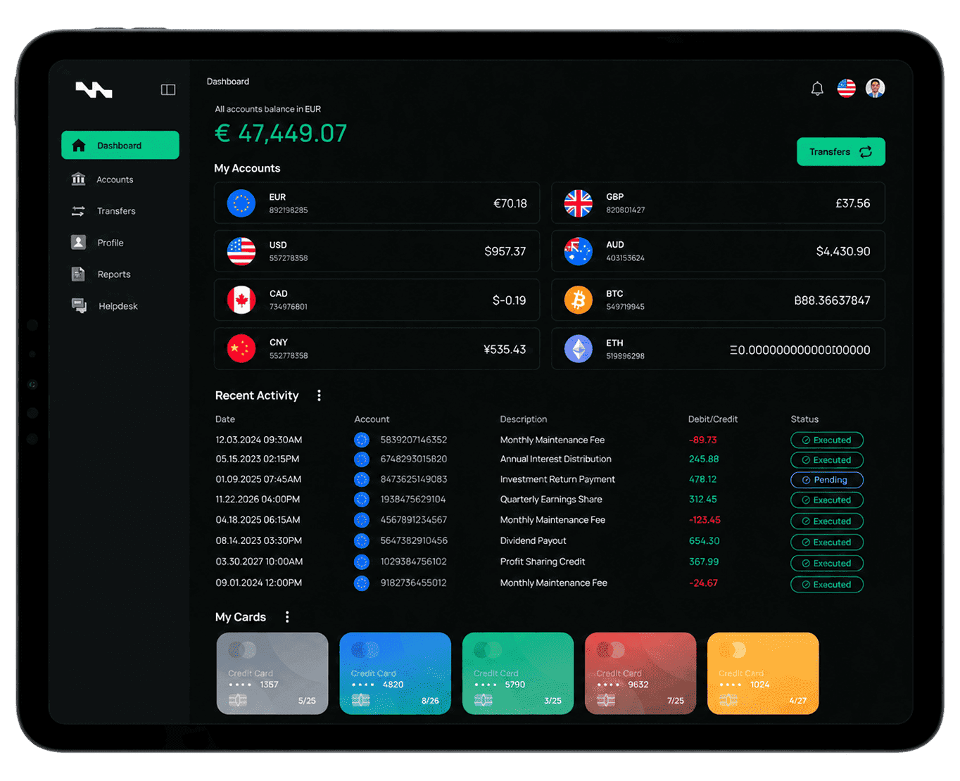 Tablet showing the Macropay business dashboard with account balances and recent activity